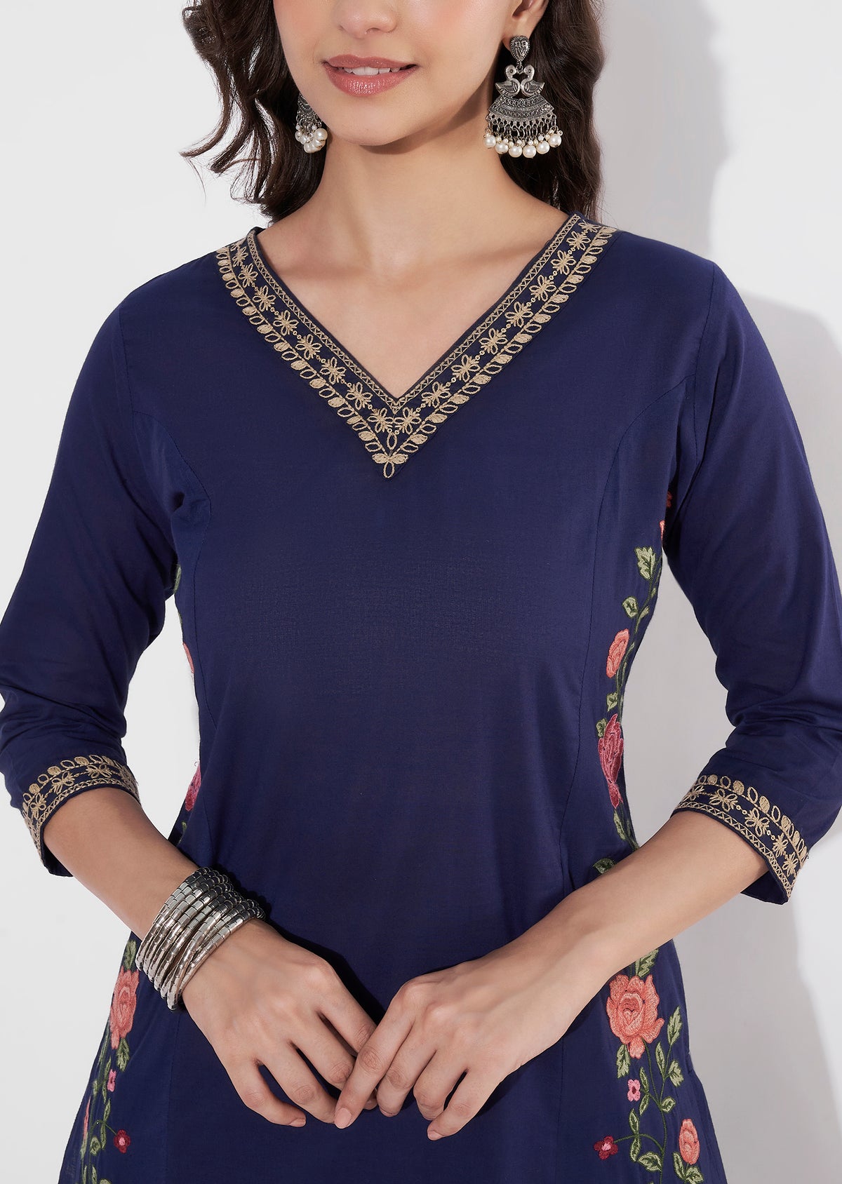 Navy Blue Cotton Straight cut Kurti set