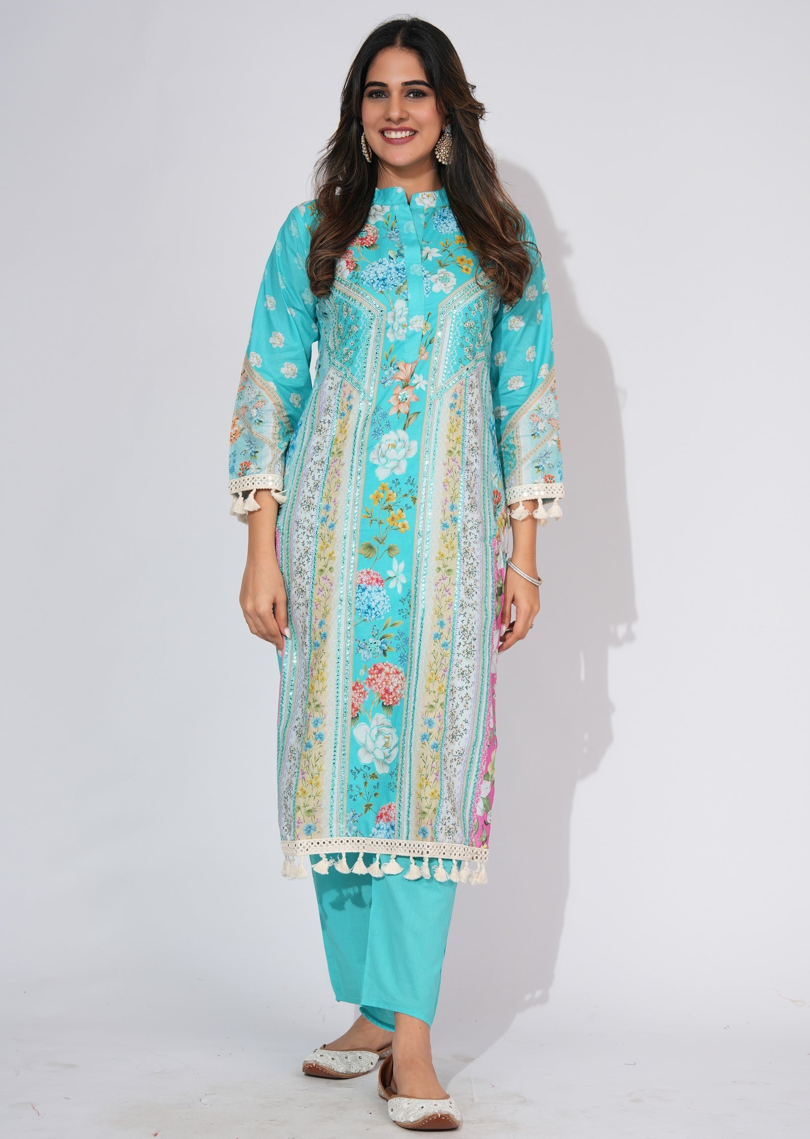 Sea Green Cotton Straight cut Kurti set