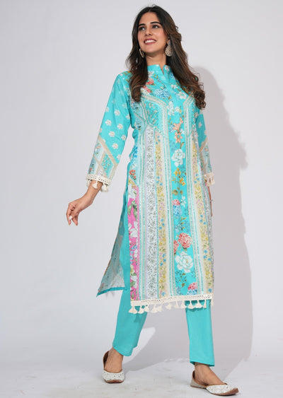 Sea Green Cotton Straight cut Kurti set
