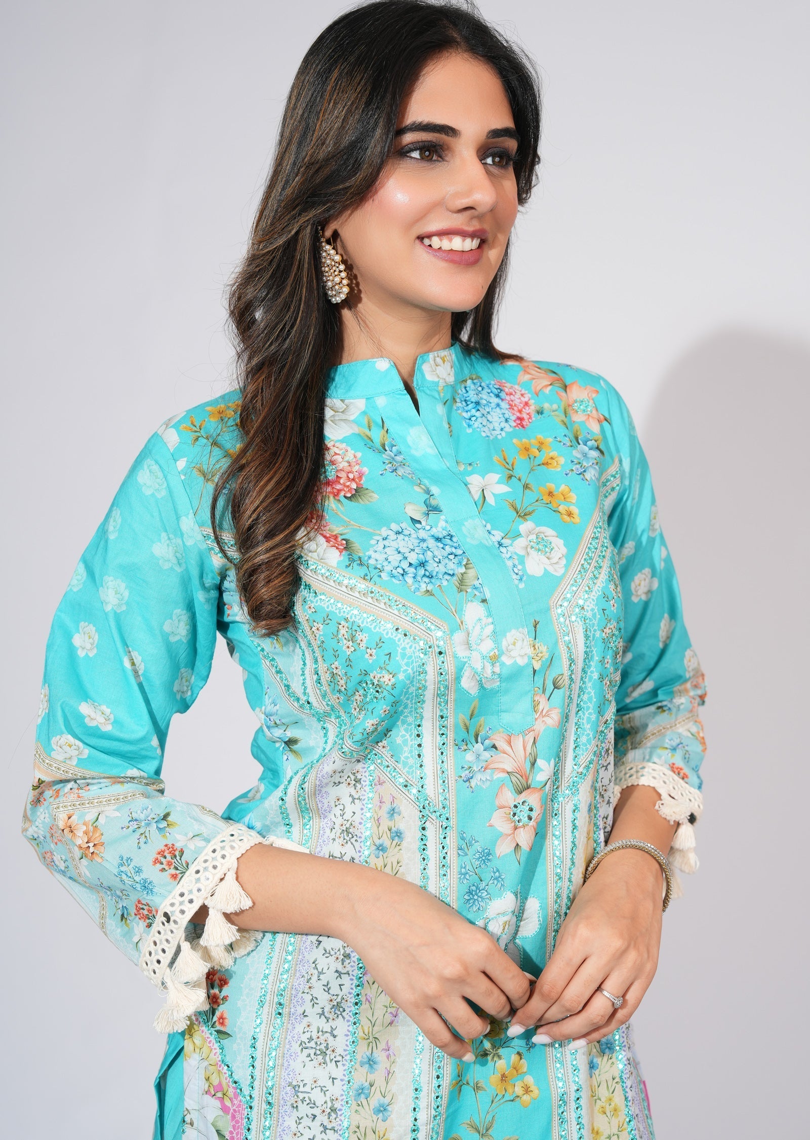 Sea Green Cotton Straight cut Kurti set