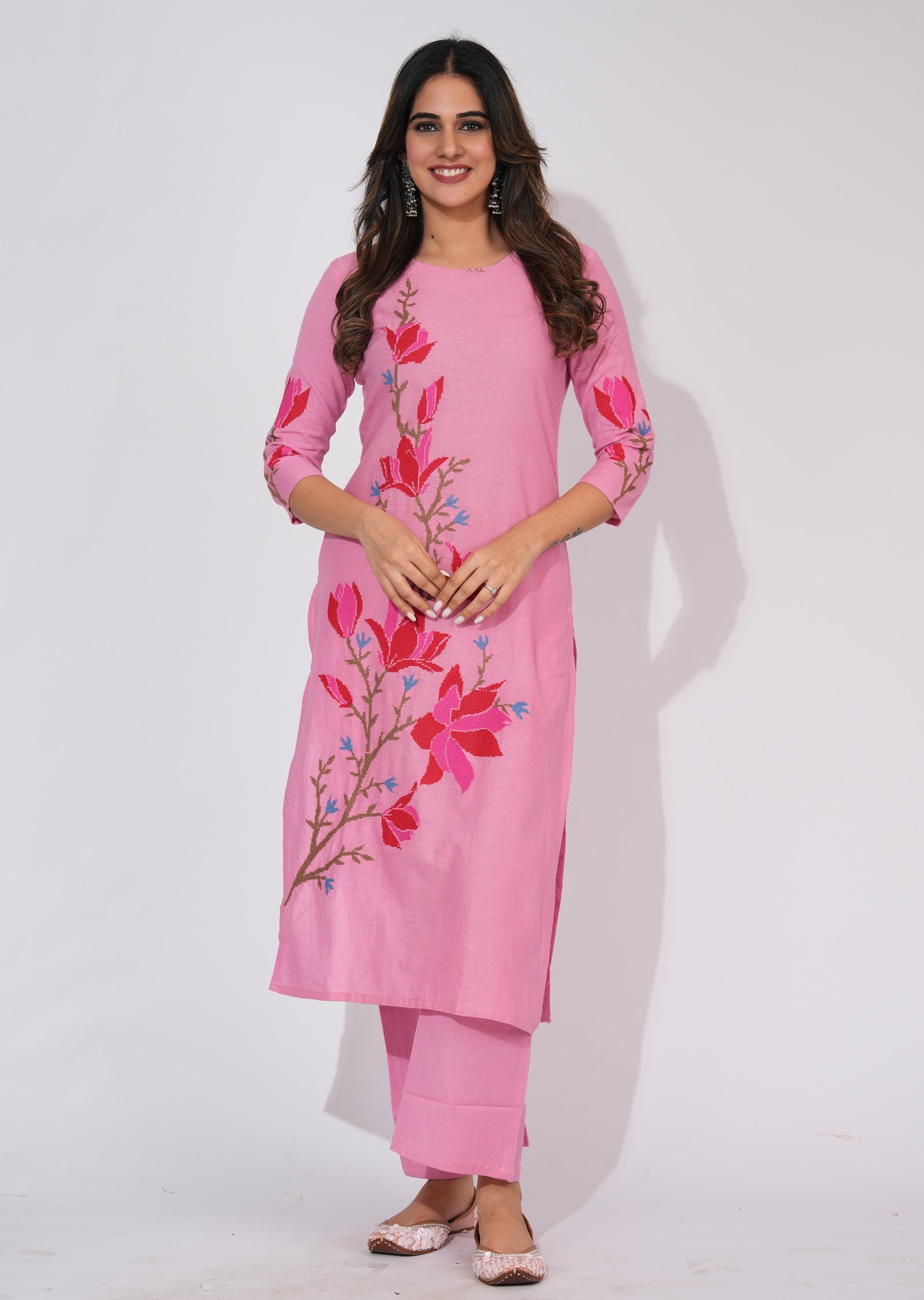 Pink Cotton Straight cut Kurti set