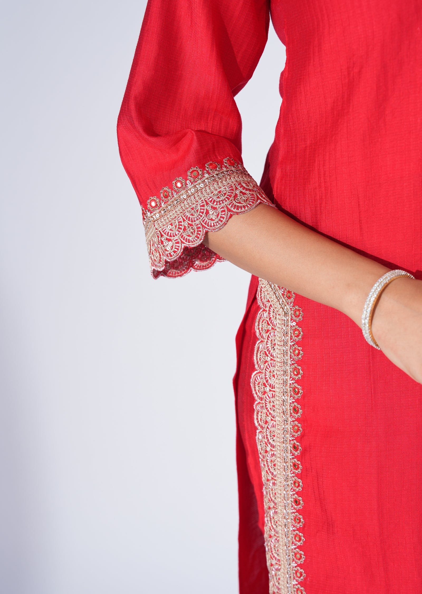 Red Dola Silk Straight cut Suit