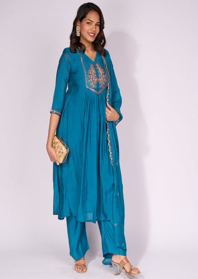 Rama Blue Silk Anarkali Suit