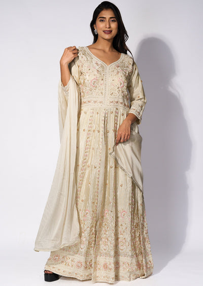 Cream Tissue Front slit Anarkali