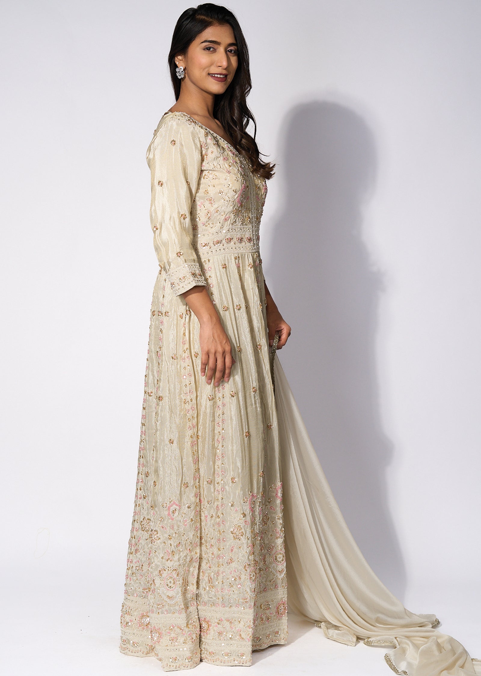 Cream Tissue Front slit Anarkali