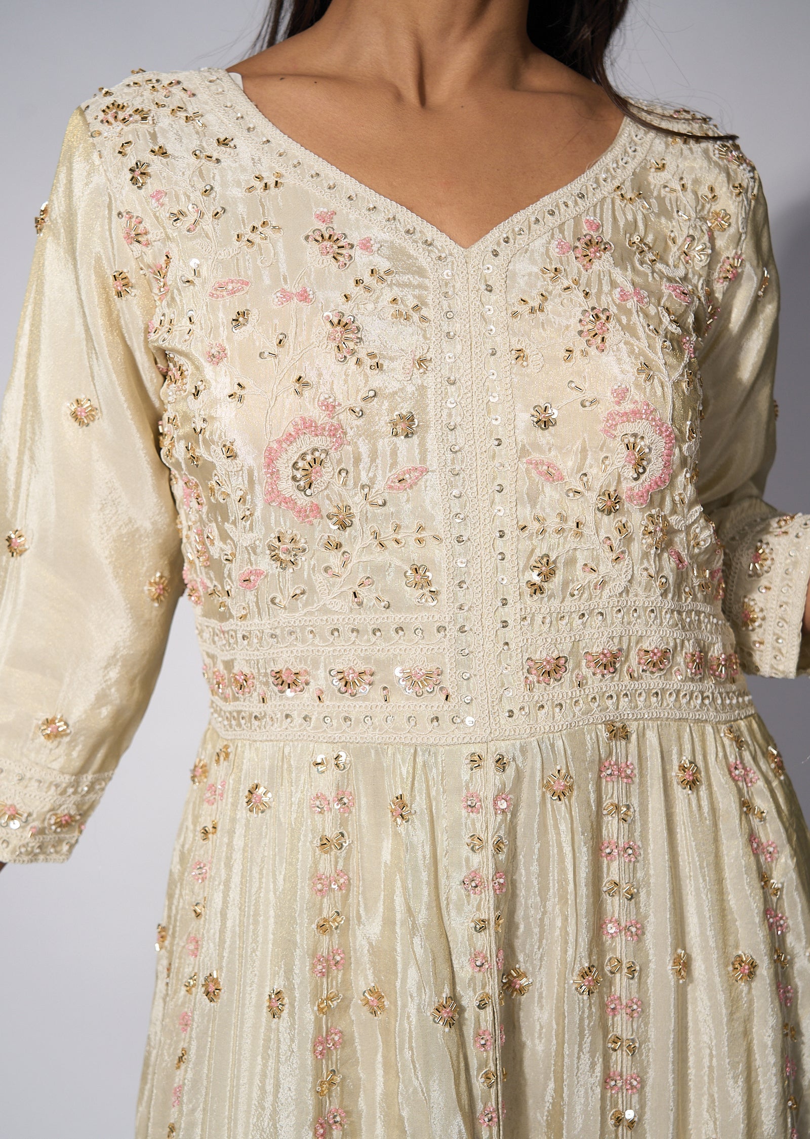 Cream Tissue Front slit Anarkali