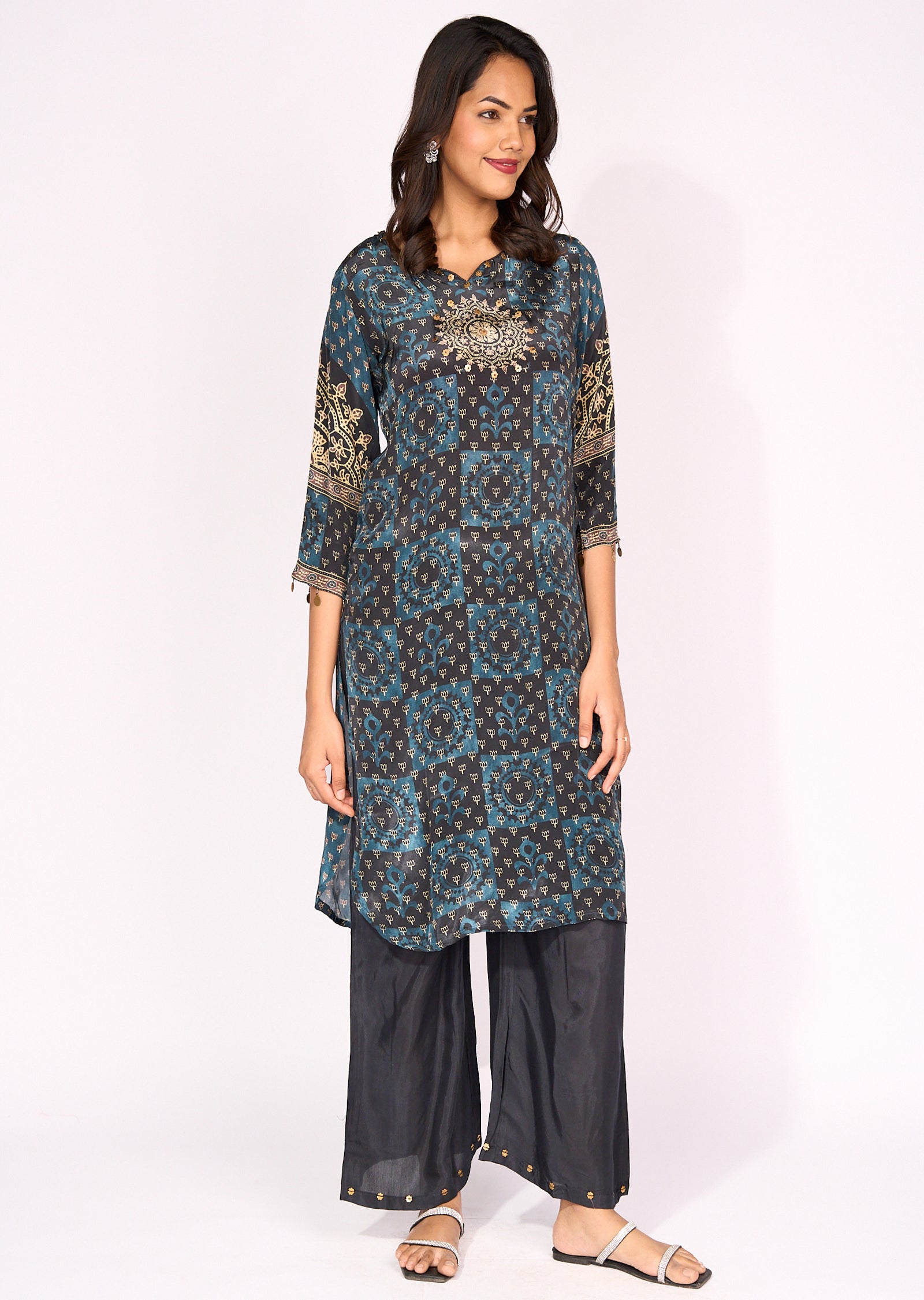 Teal Blue Crepe straight cut set