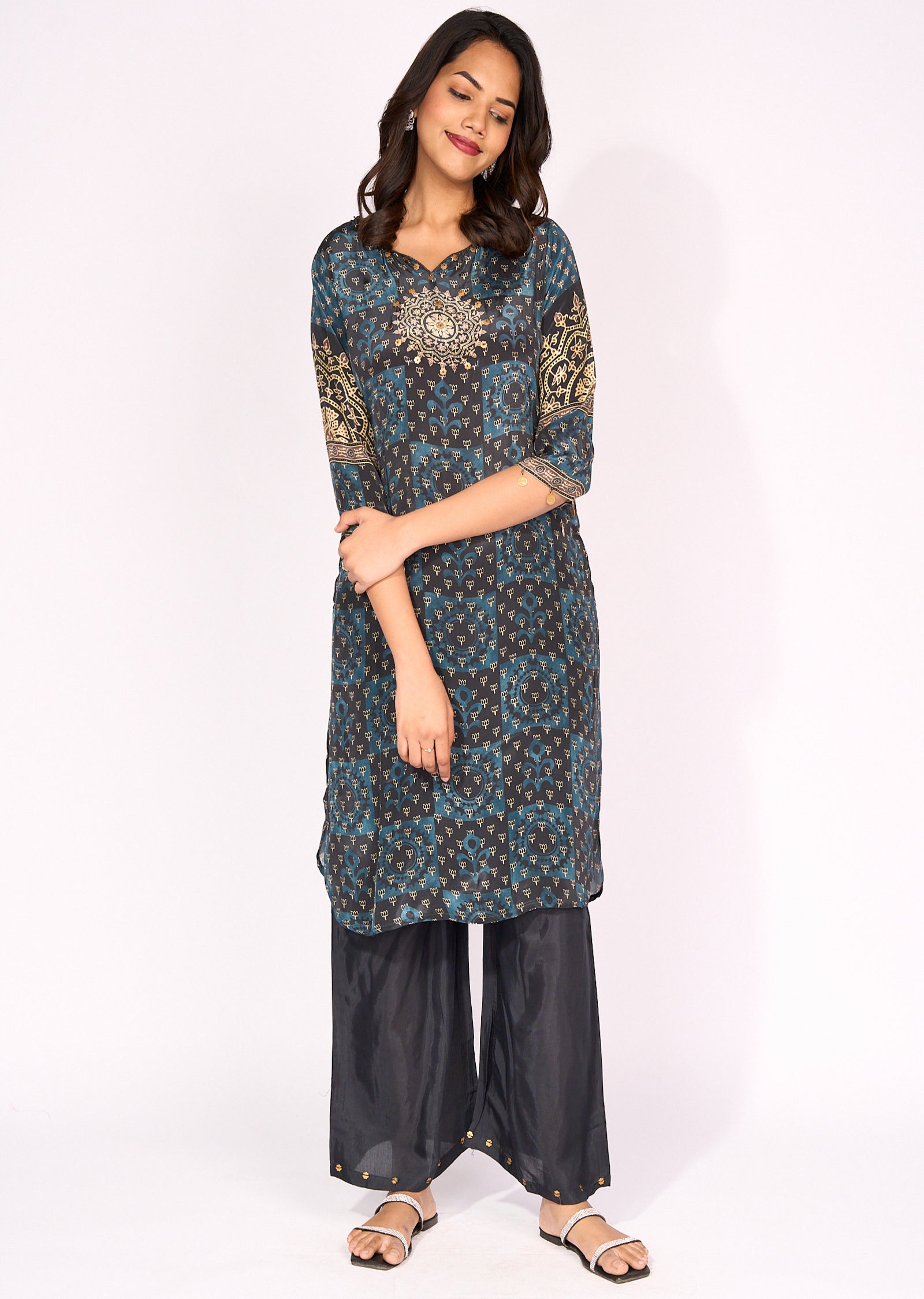 Teal Blue Crepe straight cut set
