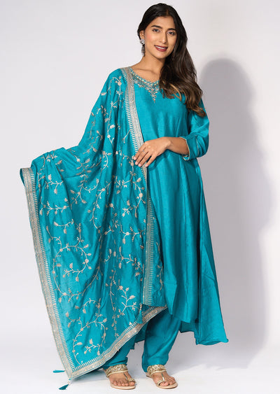 Rama Blue Silk Anarkali