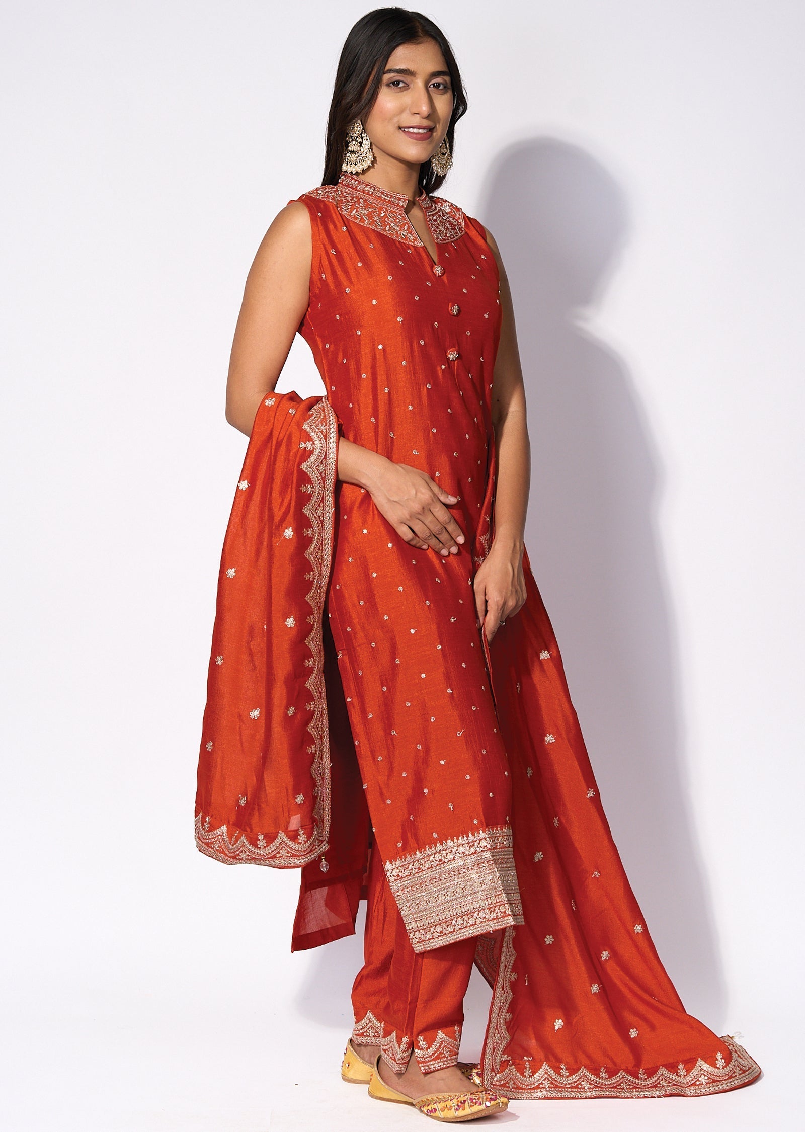 Rust Silk Straight cut kurti Set