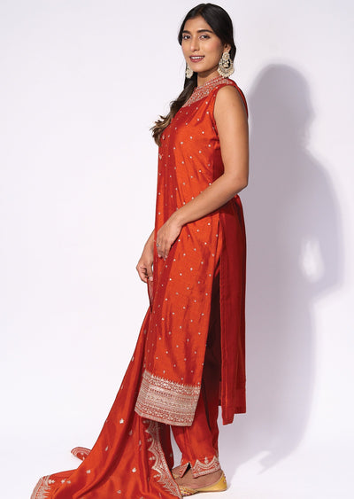 Rust Silk Straight cut kurti Set
