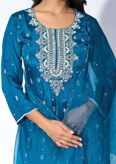 Teal blue chinnon Anarkali