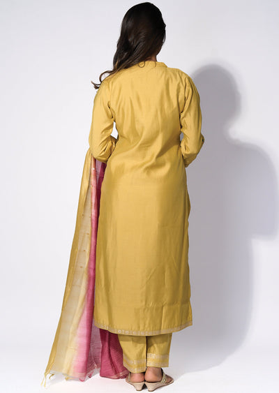 Yellow silk Straight cut kurti Set