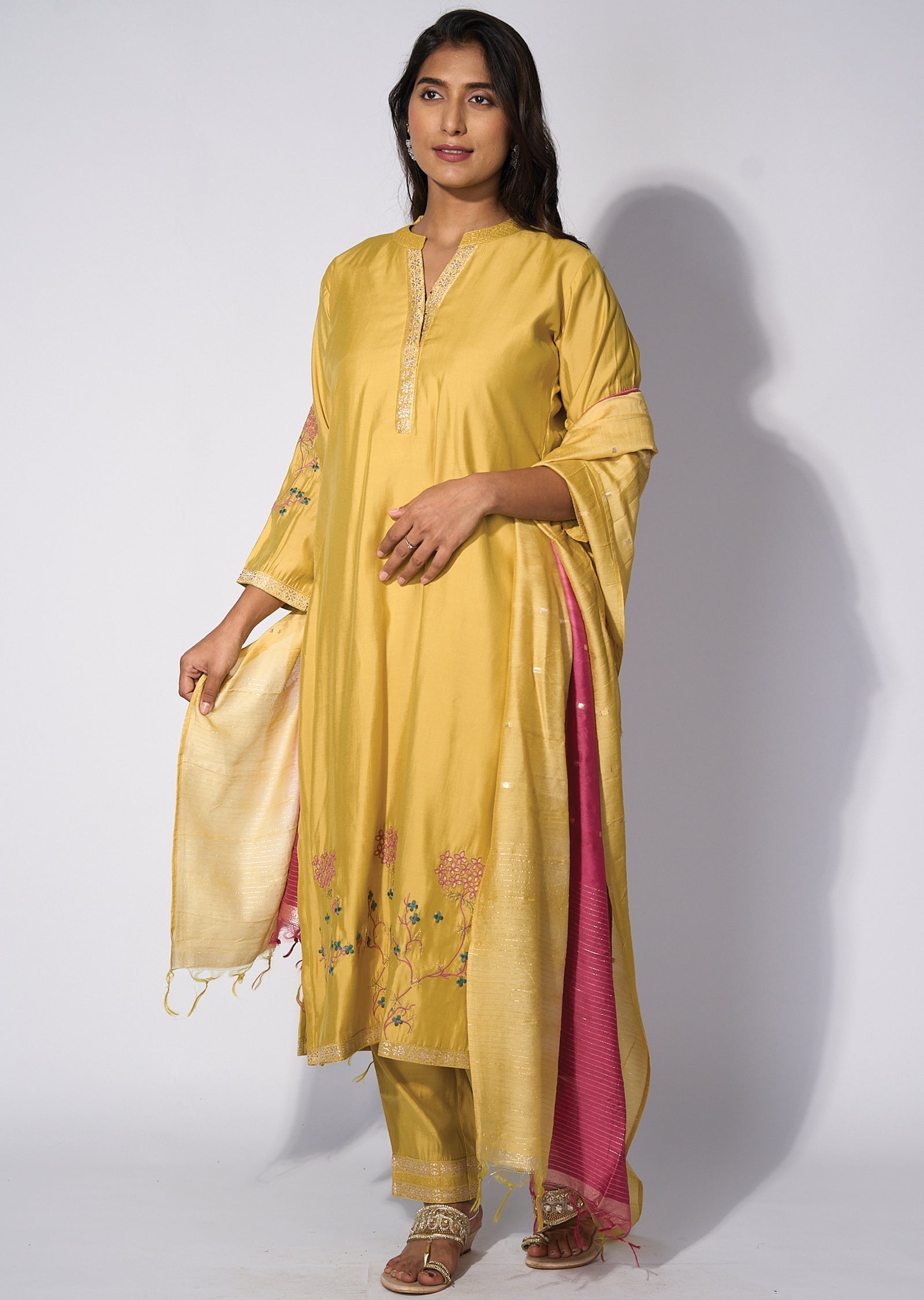 Yellow silk Straight cut kurti Set