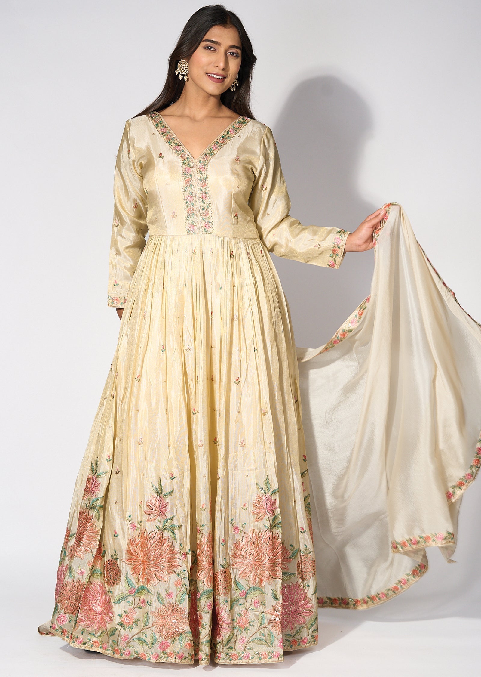 Beige Tissue Anarkali(No Bottom)