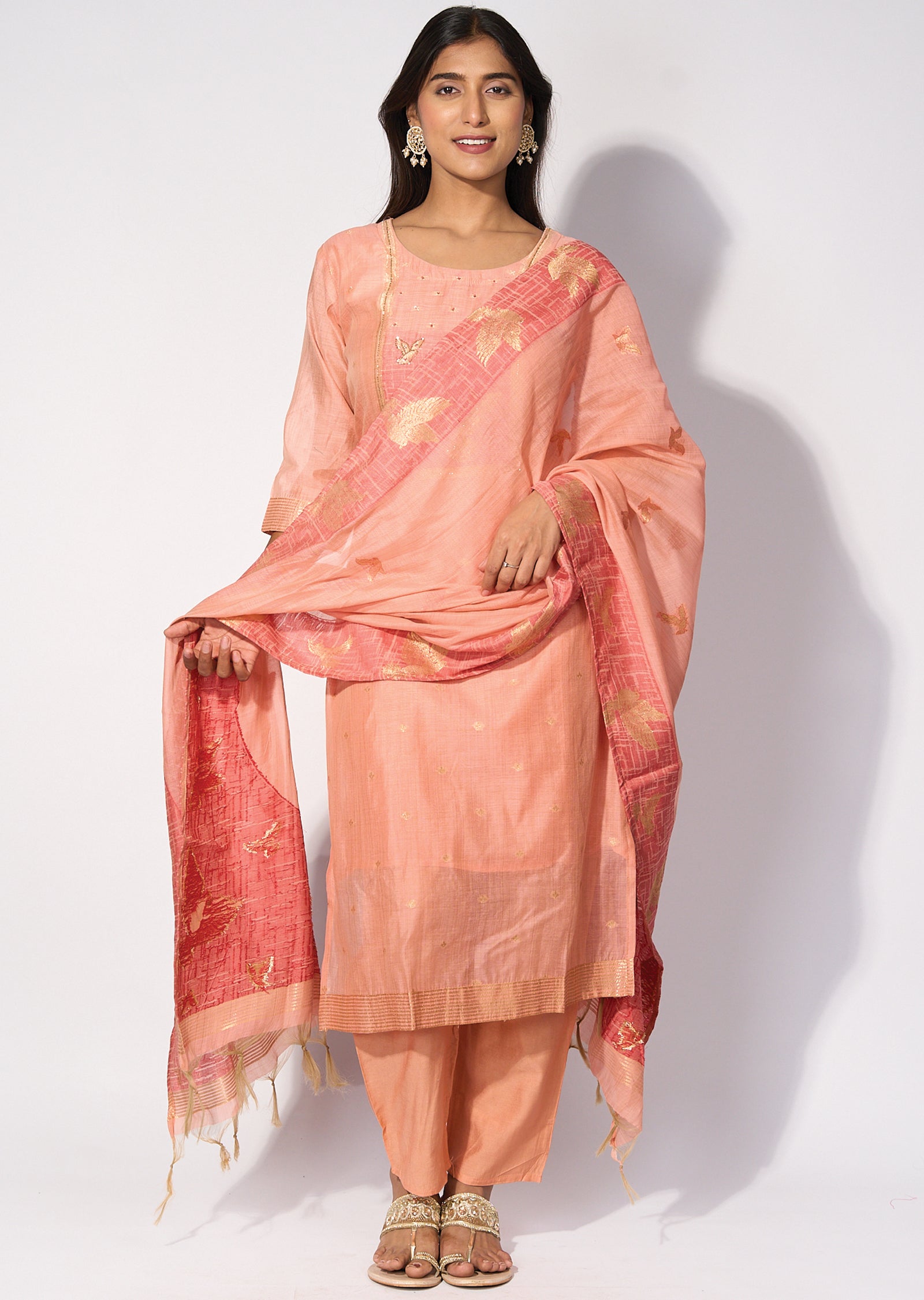 Peach Silk Straight cut kurti Set