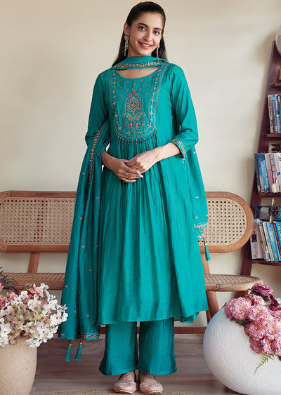 Rama blue Mulchanderi Anarkali