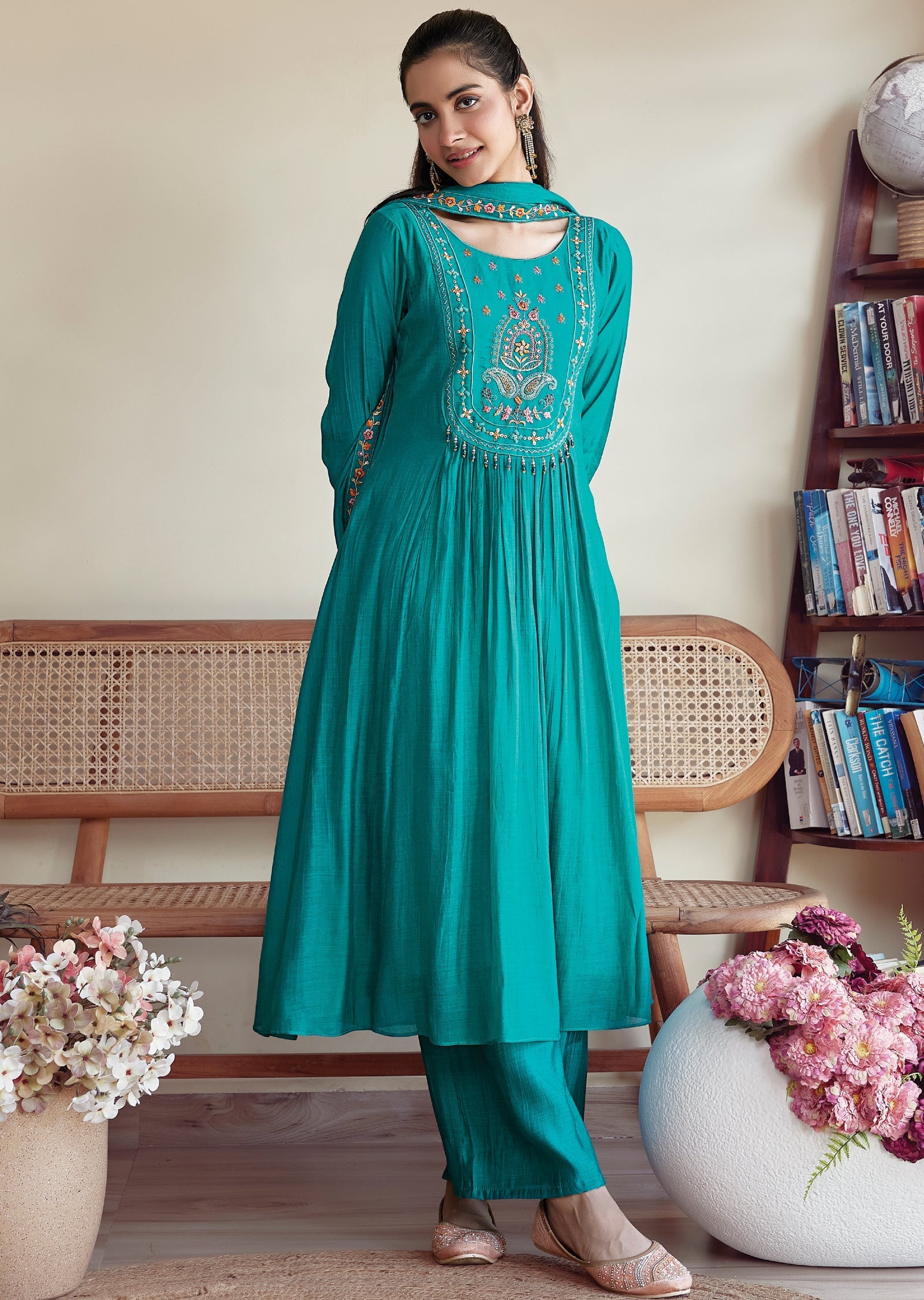 Rama blue Mulchanderi Anarkali