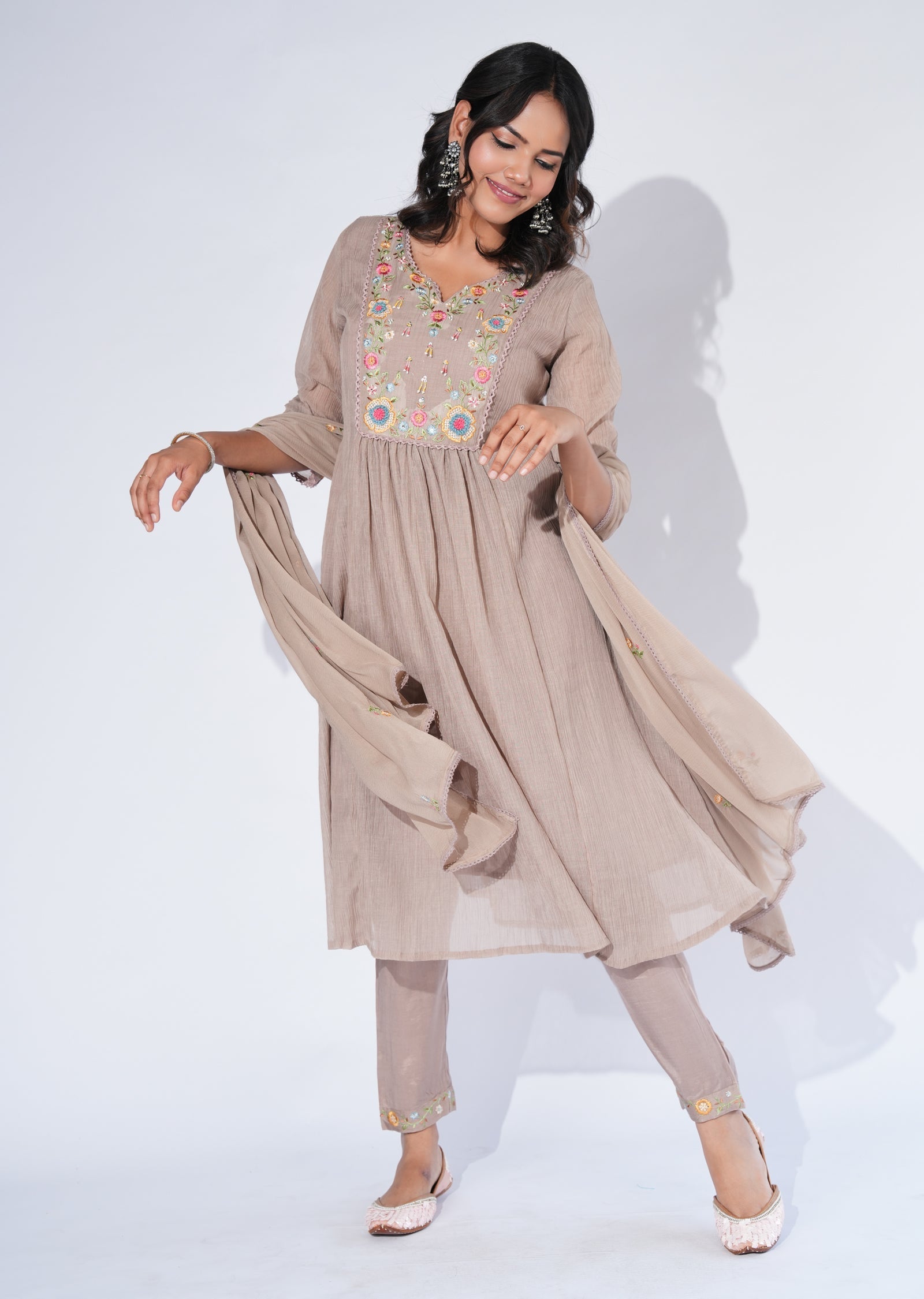 Brown Mul Chanderi Anarkali Suit