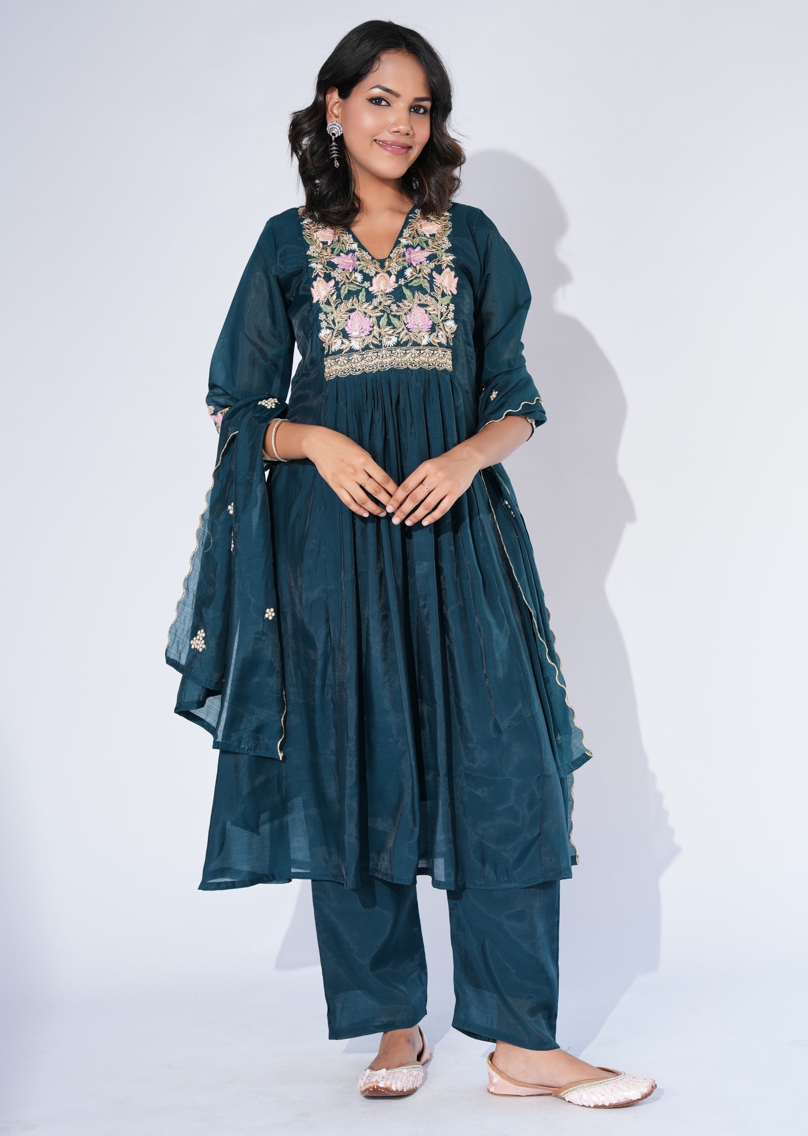 Green Mul Chanderi Anarkali Suit