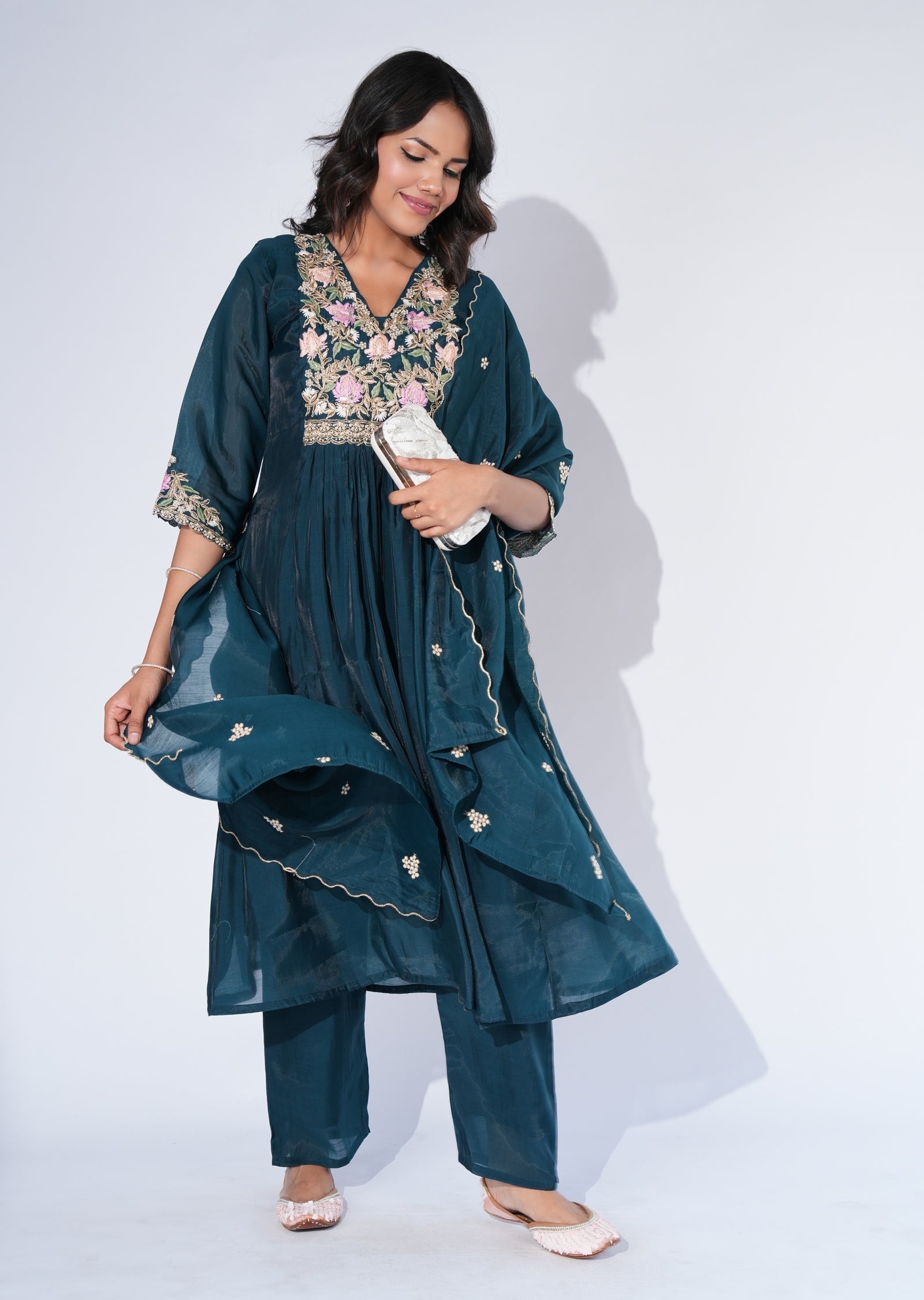 Green Mul Chanderi Anarkali Suit