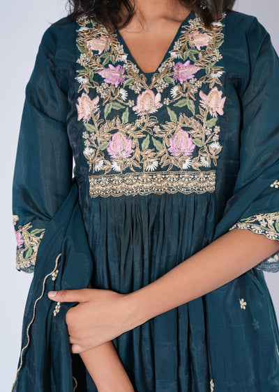 Green Mul Chanderi Anarkali Suit