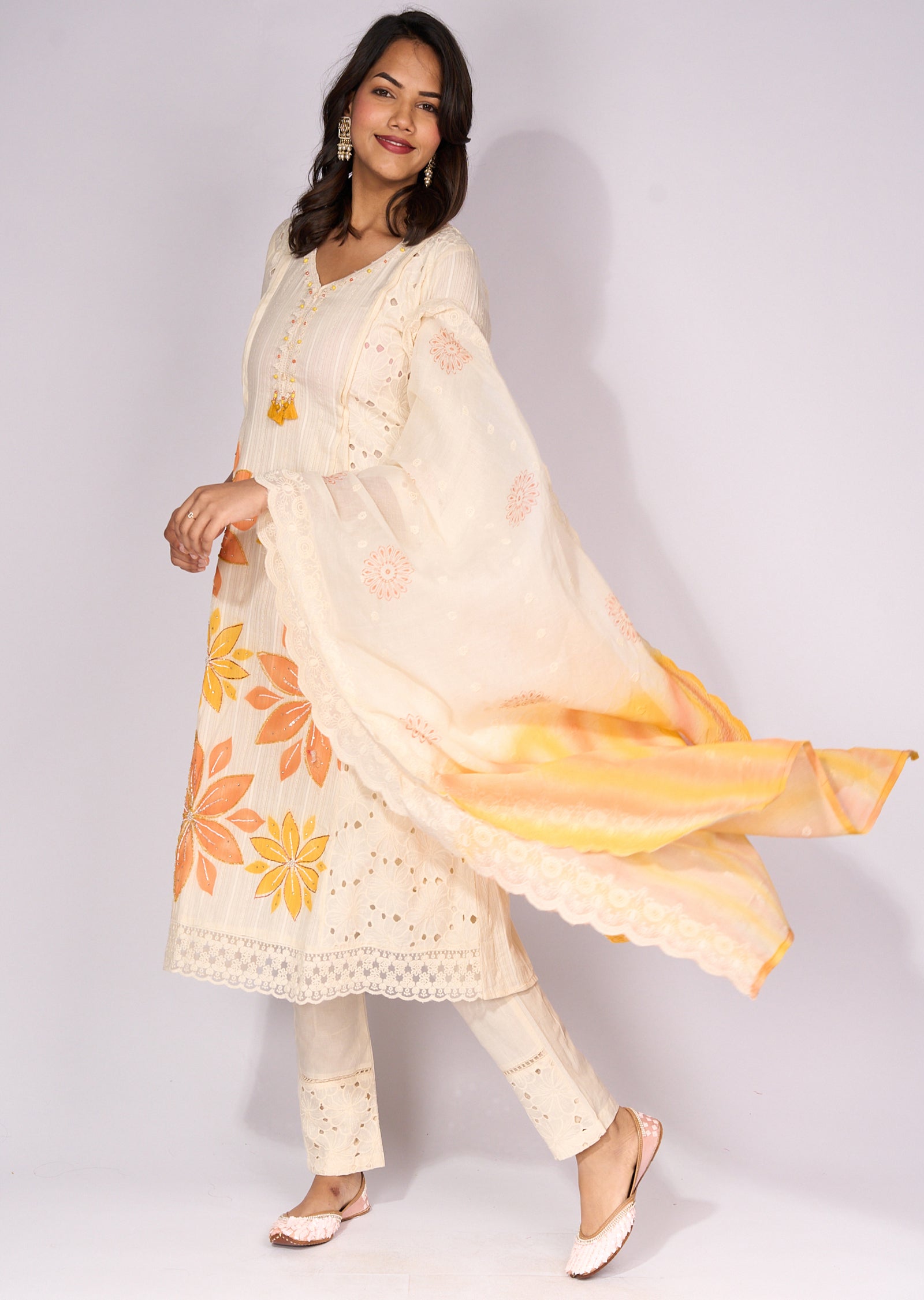 Off white Cotton Anarkali Suit