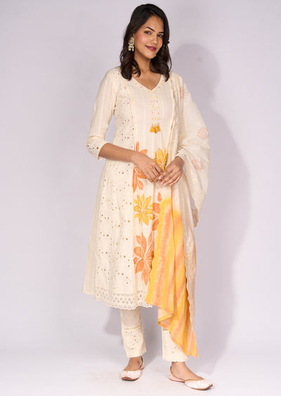Off white Cotton Anarkali Suit