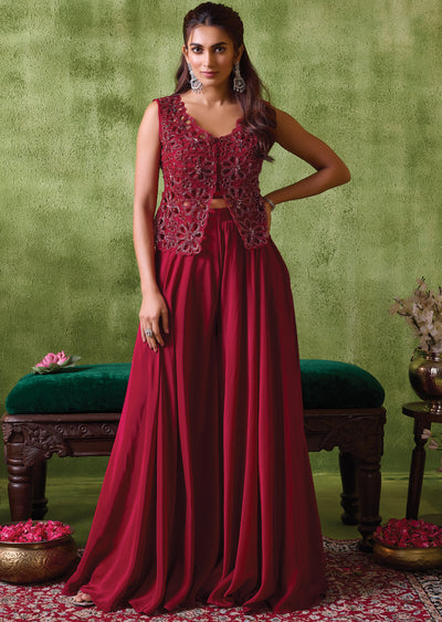 Maroon Crepe Indowestern Set