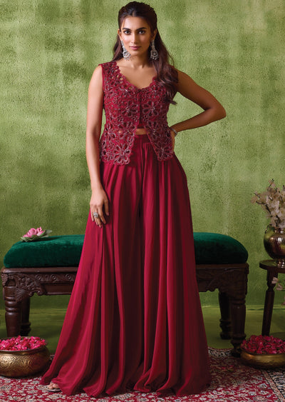 Maroon Crepe Indowestern Set