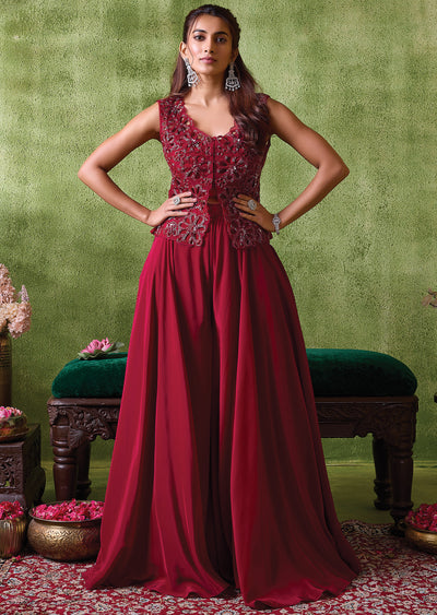 Maroon Crepe Indowestern Set