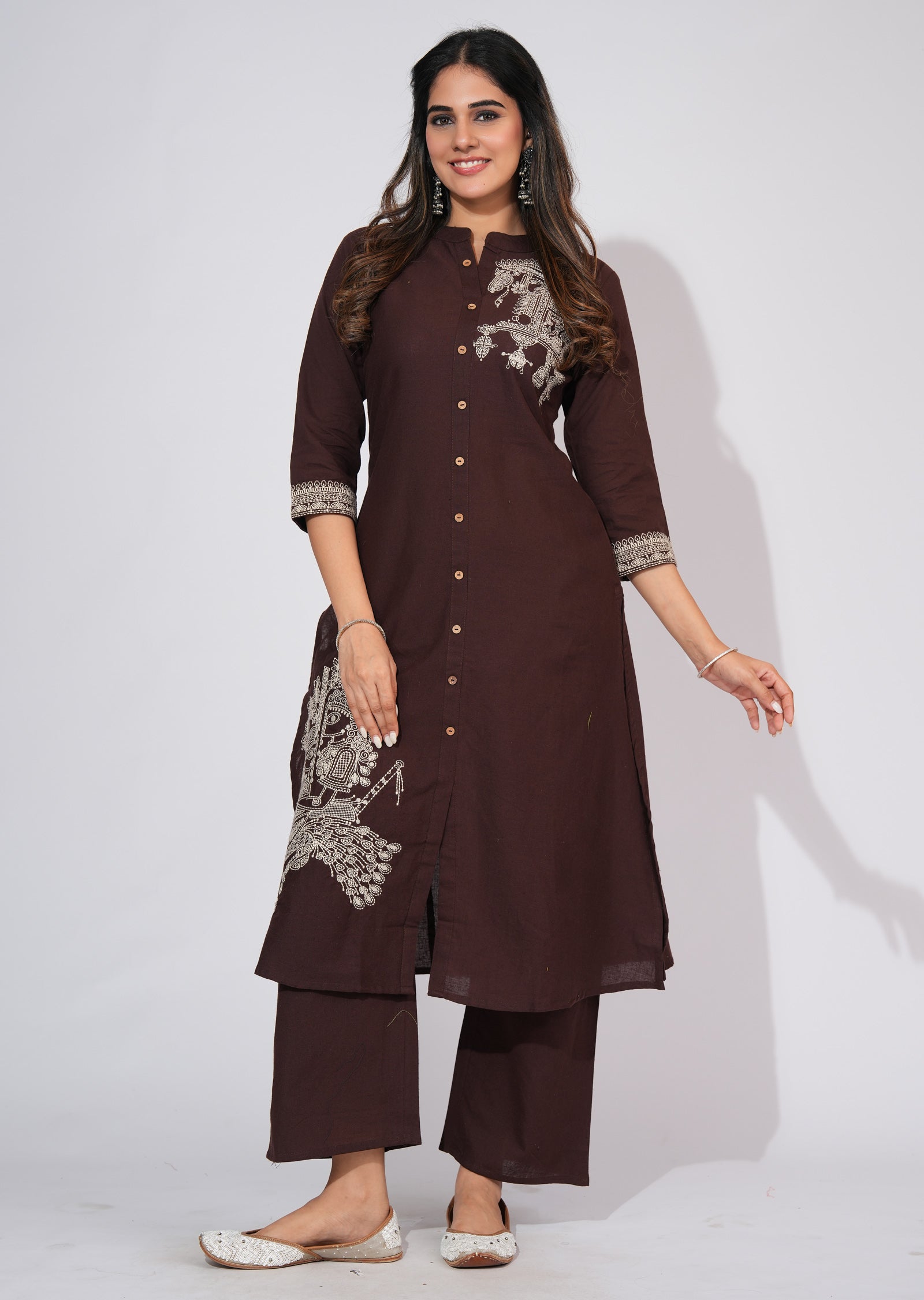 Brown Cotton Straight cut Kurti set
