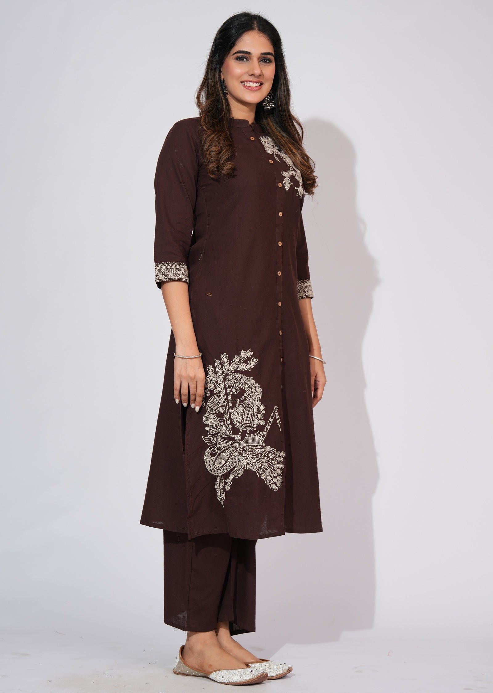 Brown Cotton Straight cut Kurti set