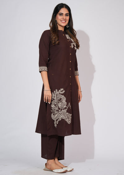 Brown Cotton Straight cut Kurti set
