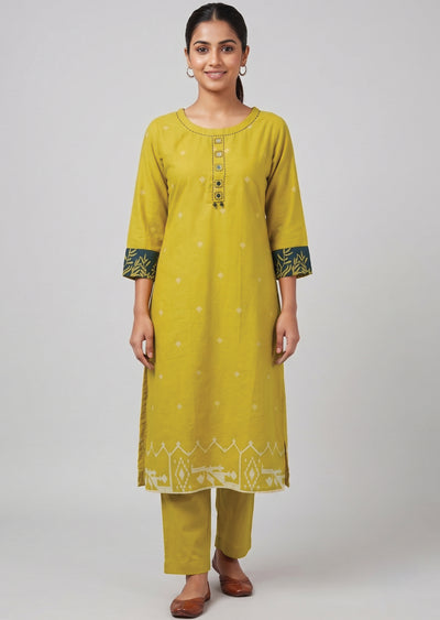 Yellow Cotton Straight cut Kurti set