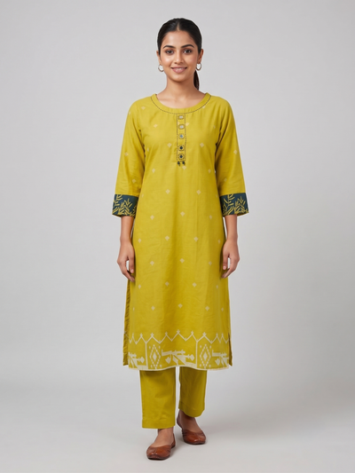 Yellow Cotton Straight cut Kurti set