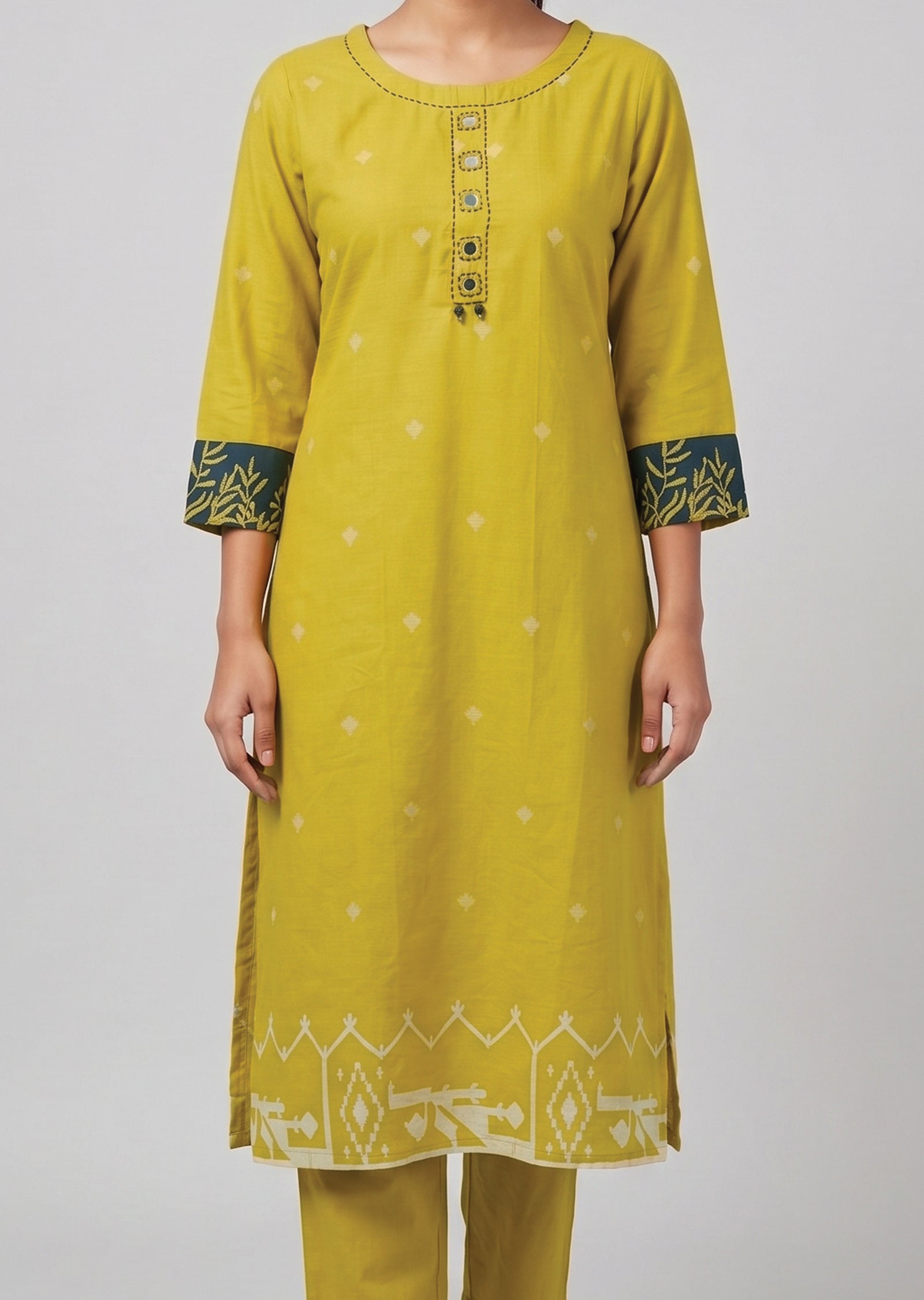 Yellow Cotton Straight cut Kurti set