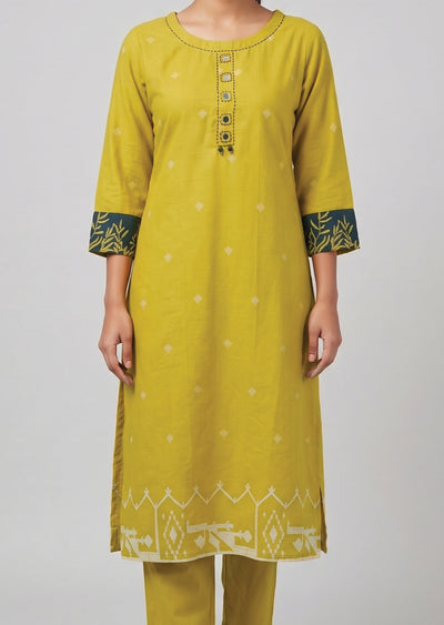 Yellow Cotton Straight cut Kurti set