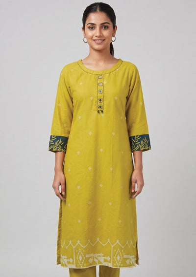 Yellow Cotton Straight cut Kurti set