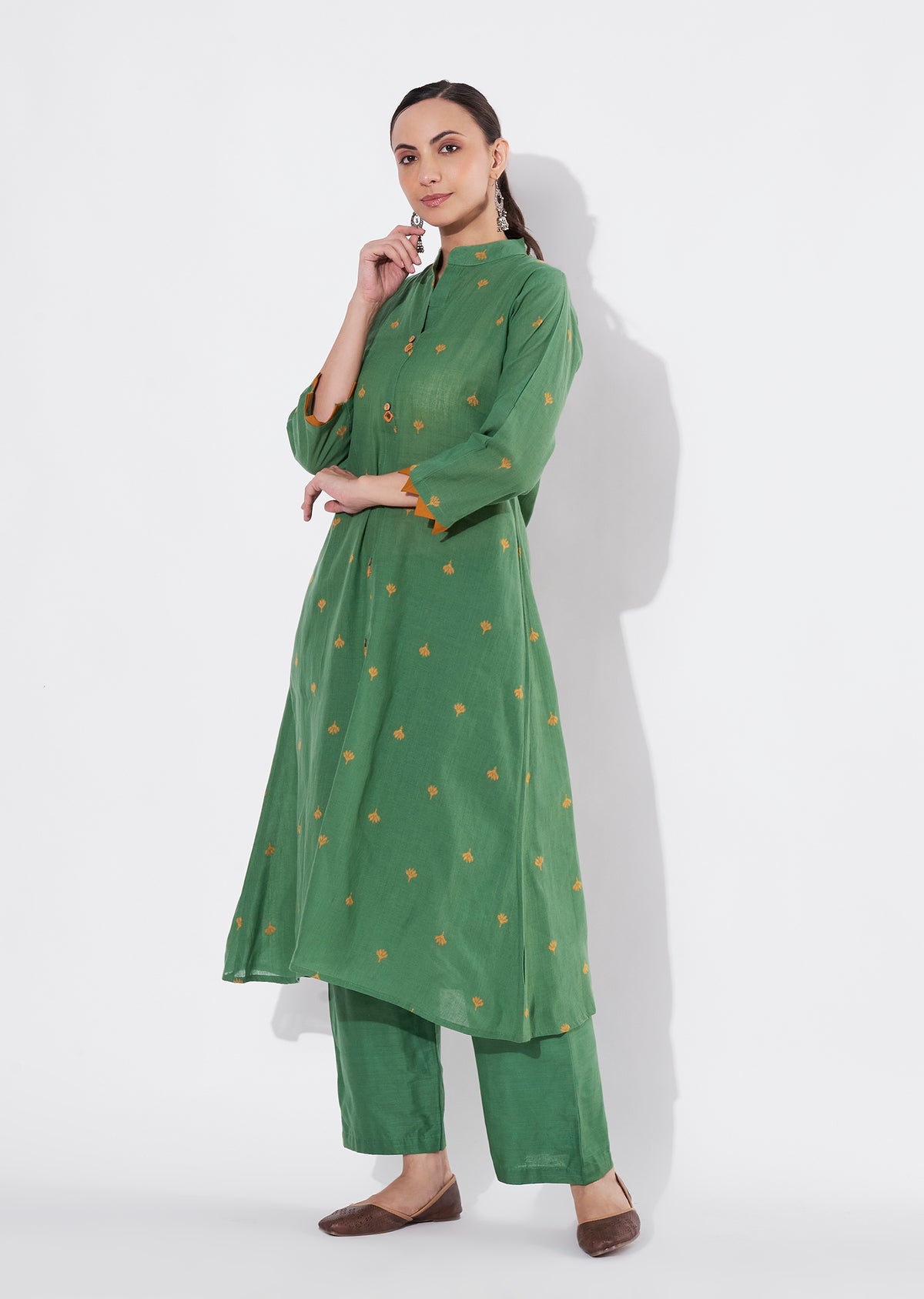 Mehndi Green Cotton Frock style kurti set
