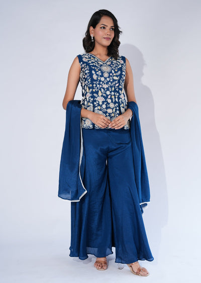 Blue Chinnon Sharara Set