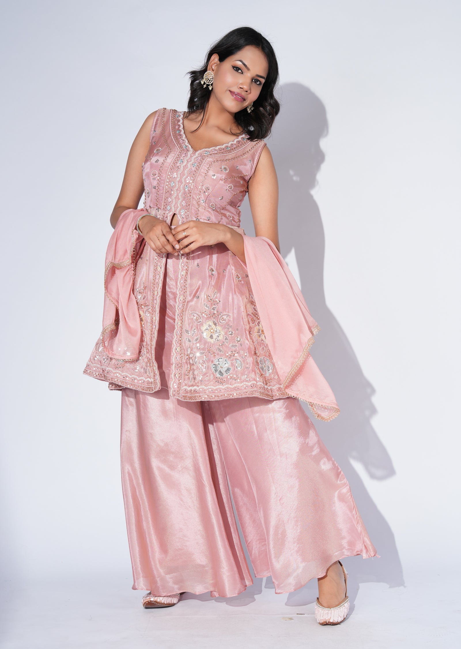 Peach Tissue Sharara Set
