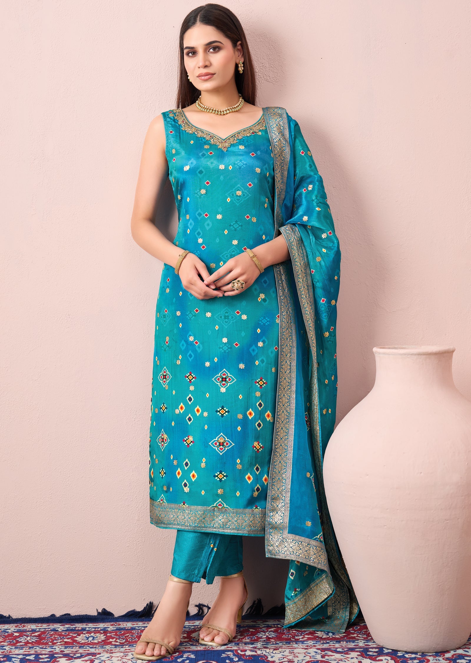 Blue Pink Silk Straight cut suit