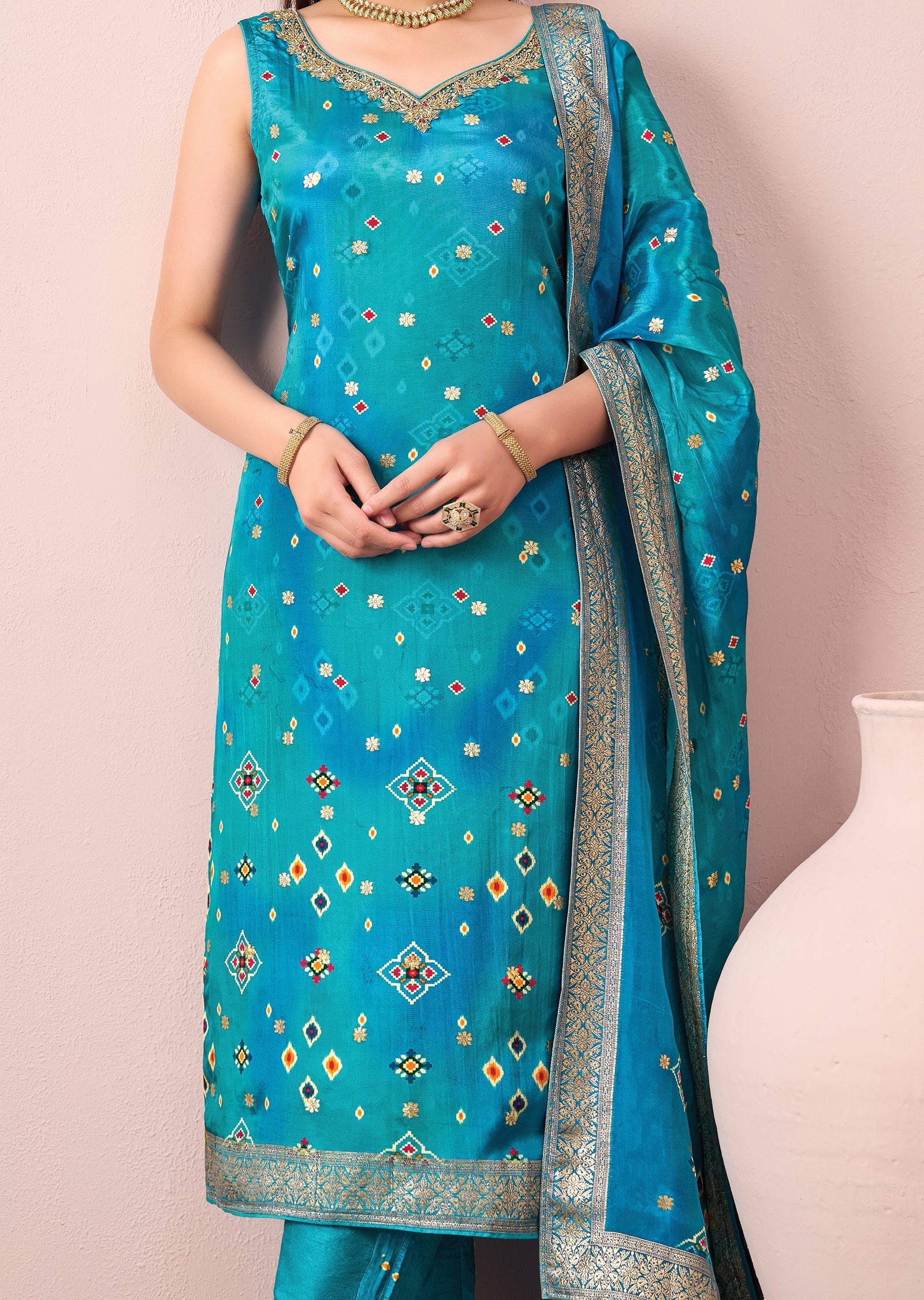 Blue Pink Silk Straight cut suit