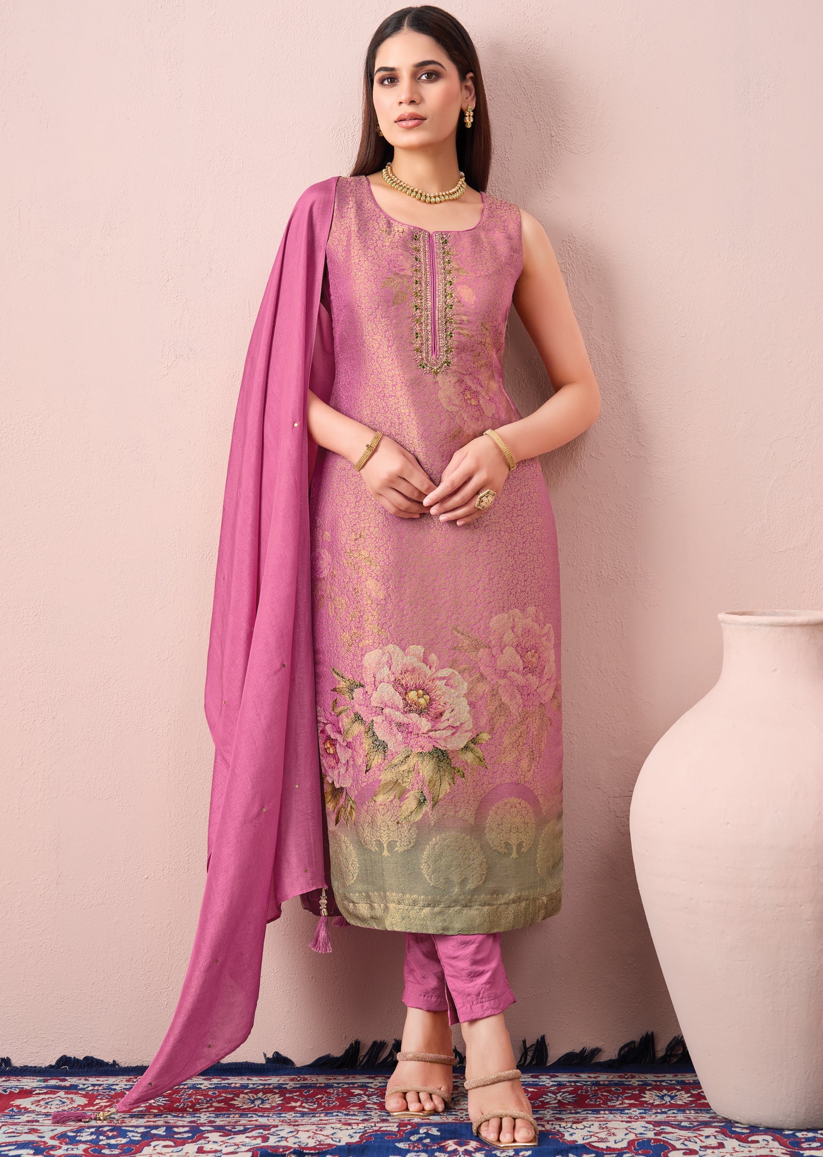 Light Pink Silk Straight cut suit