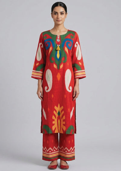 Red Cotton Straight cut Kurti set