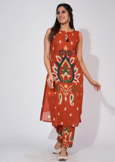 Rust Cotton Straight cut Kurti set