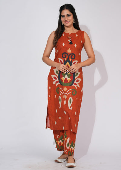Rust Cotton Straight cut Kurti set
