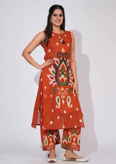 Rust Cotton Straight cut Kurti set