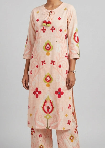 Peach printed Cotton Kurti Set